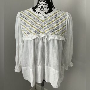 THE GREAT. White Blouse with Yellow Embroidery Sz 1